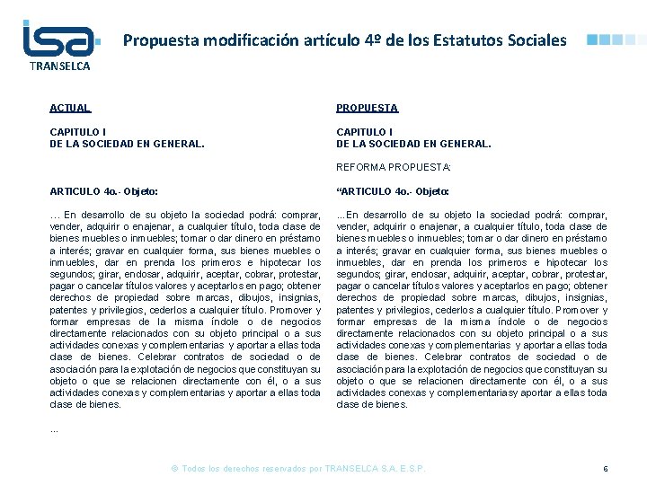 Propuesta modificación artículo 4º de los Estatutos Sociales TRANSELCA ACTUAL PROPUESTA CAPITULO I DE