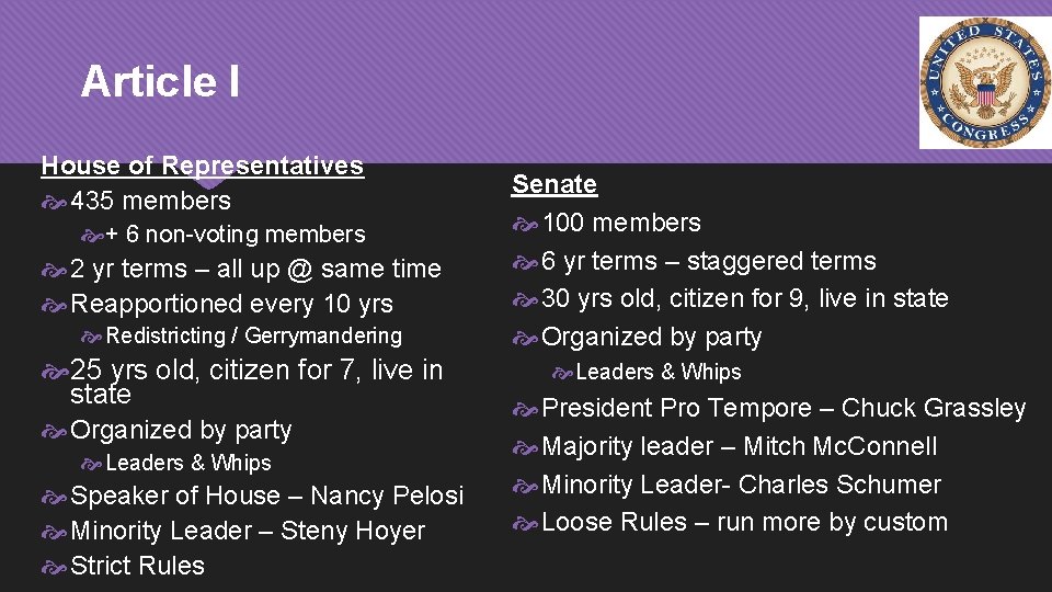 Article I House of Representatives 435 members + 6 non-voting members 2 yr terms