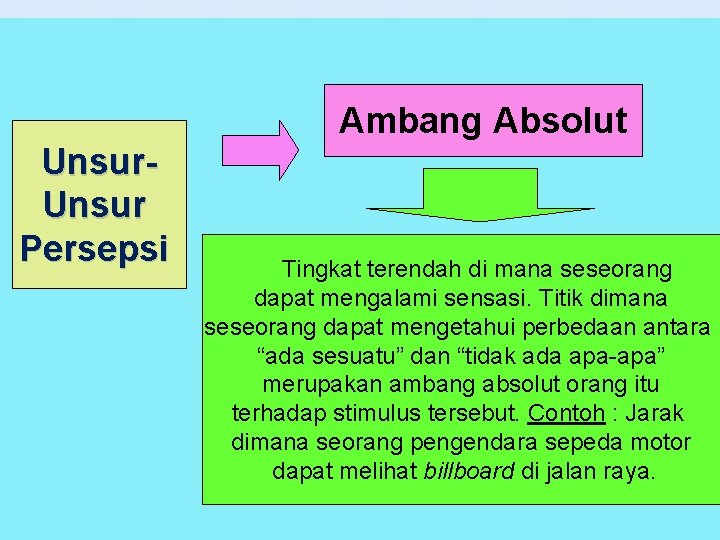 Ambang Absolut Unsur Persepsi Tingkat terendah di mana seseorang dapat mengalami sensasi. Titik dimana