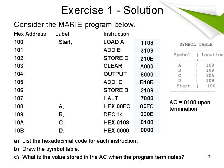 Exercise 1 - Solution Consider the MARIE program below. Hex Address 100 101 102