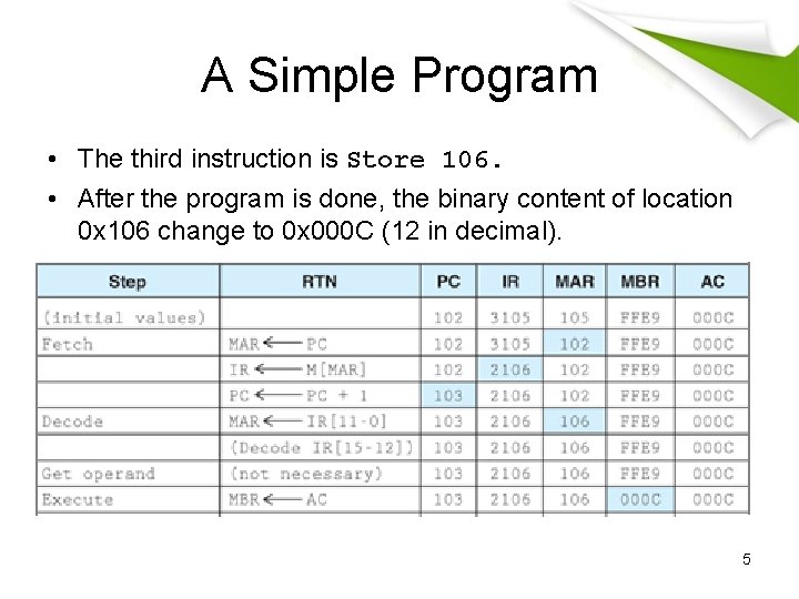 A Simple Program • The third instruction is Store 106. • After the program