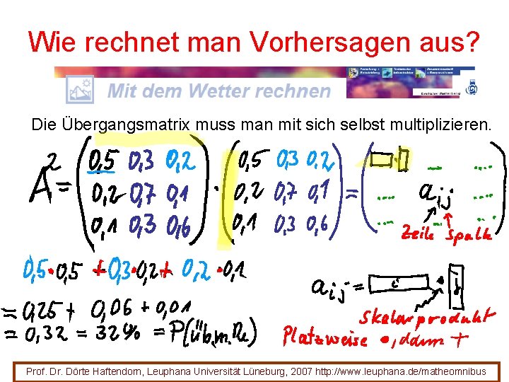 Wie rechnet man Vorhersagen aus? Die Übergangsmatrix muss man mit sich selbst multiplizieren. Prof. Wie rechnet man Vorhersagen aus? Die Übergangsmatrix muss man mit sich selbst multiplizieren. Prof.