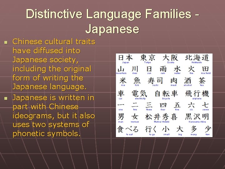 Distinctive Language Families Japanese n n Chinese cultural traits have diffused into Japanese society,