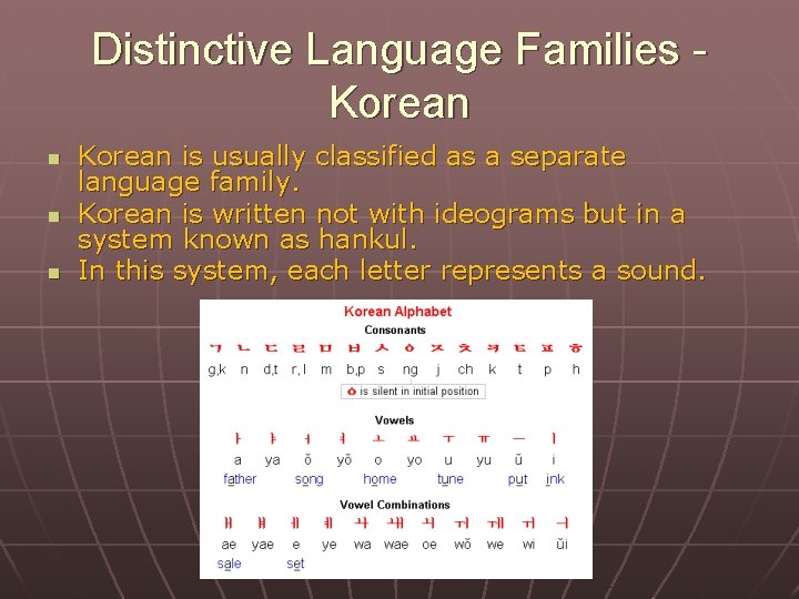 Distinctive Language Families Korean n Korean is usually classified as a separate language family.