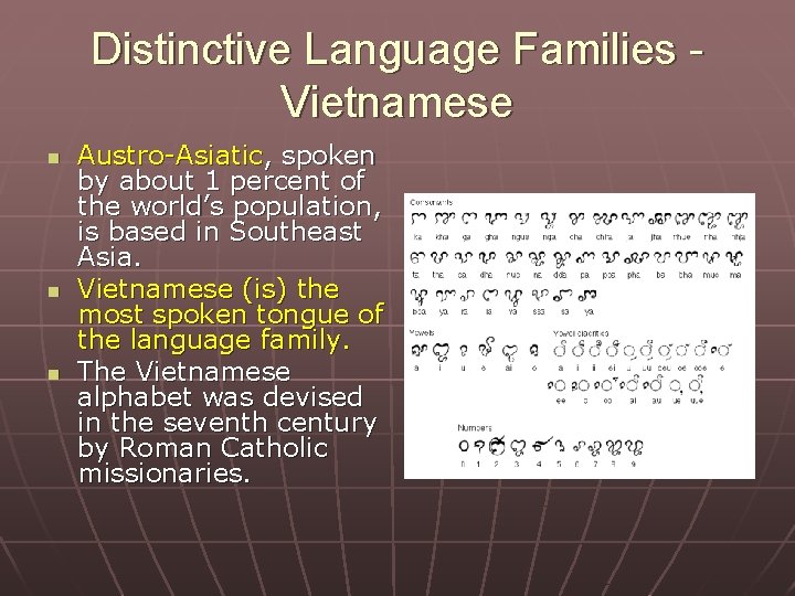 Distinctive Language Families Vietnamese n n n Austro-Asiatic, spoken by about 1 percent of