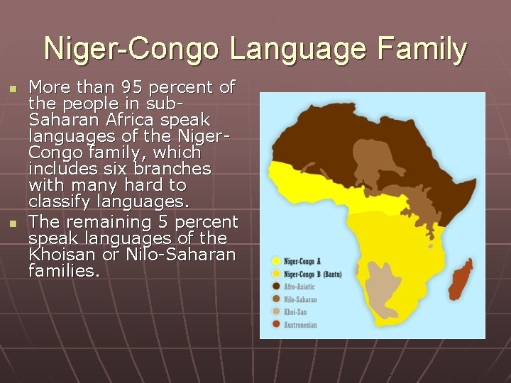Niger-Congo Language Family n n More than 95 percent of the people in sub.