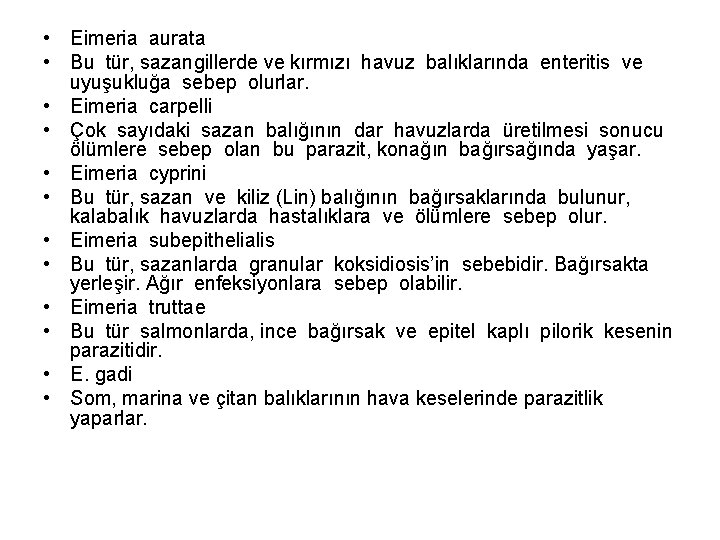  • Eimeria aurata • Bu tür, sazangillerde ve kırmızı havuz balıklarında enteritis ve