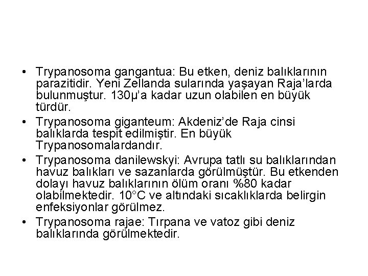  • Trypanosoma gangantua: Bu etken, deniz balıklarının parazitidir. Yeni Zellanda sularında yaşayan Raja’larda