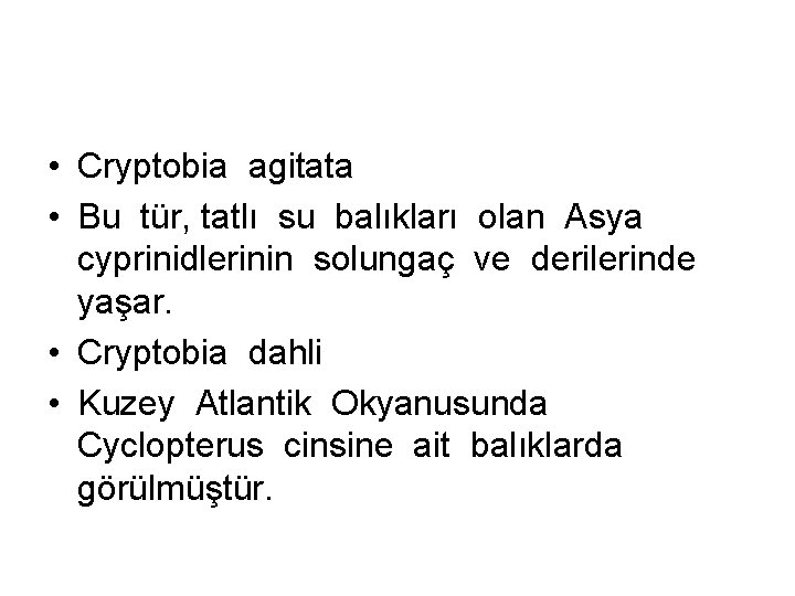 • Cryptobia agitata • Bu tür, tatlı su balıkları olan Asya cyprinidlerinin solungaç