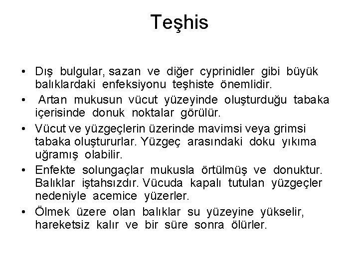 Teşhis • Dış bulgular, sazan ve diğer cyprinidler gibi büyük balıklardaki enfeksiyonu teşhiste önemlidir.