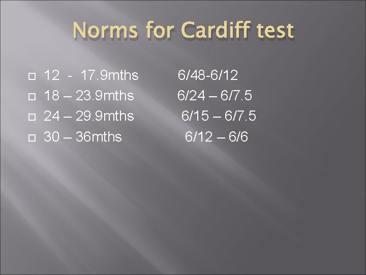 Norms for Cardiff test 12 - 17. 9 mths 18 – 23. 9 mths