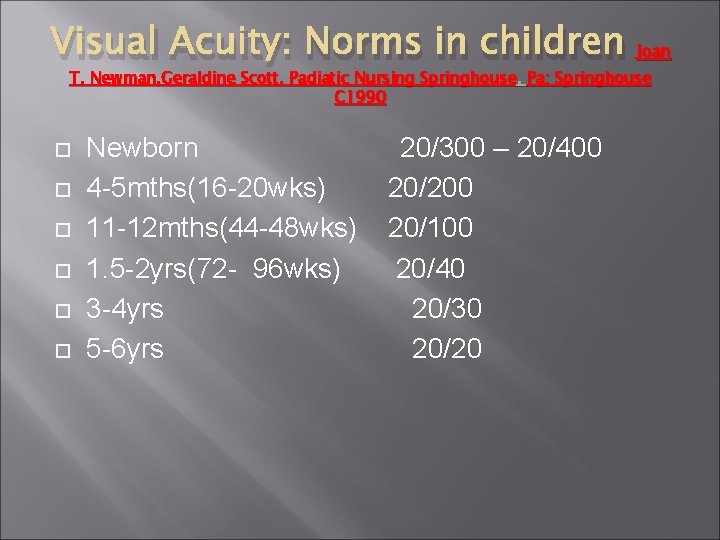 Visual Acuity: Norms in children Joan T. Newman, Geraldine Scott. Padiatic Nursing Springhouse. Pa: