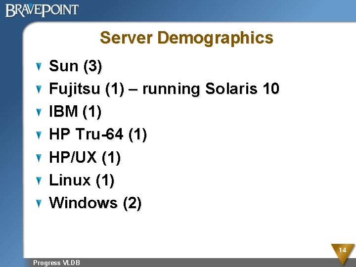 Server Demographics Sun (3) Fujitsu (1) – running Solaris 10 IBM (1) HP Tru-64