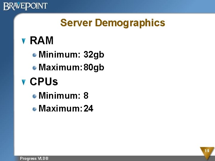 Server Demographics RAM Minimum: 32 gb Maximum: 80 gb CPUs Minimum: 8 Maximum: 24
