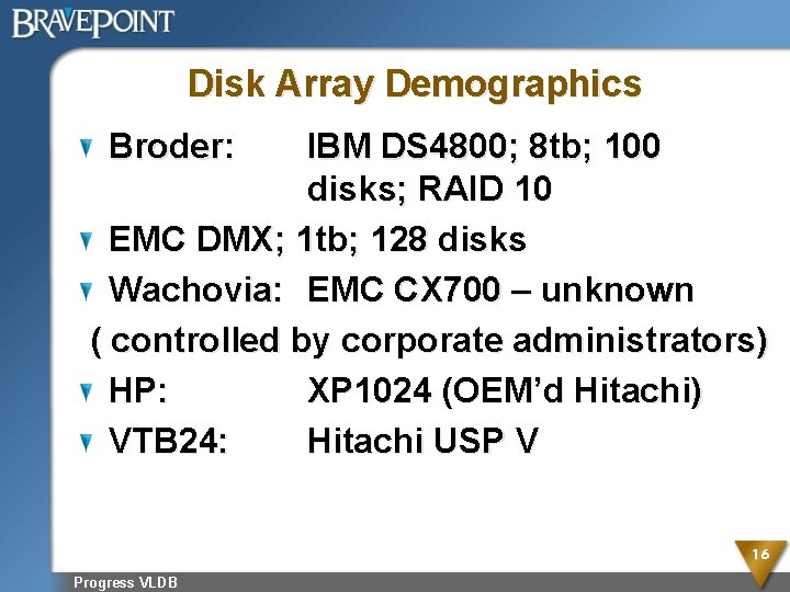 Disk Array Demographics Broder: IBM DS 4800; 8 tb; 100 disks; RAID 10 EMC