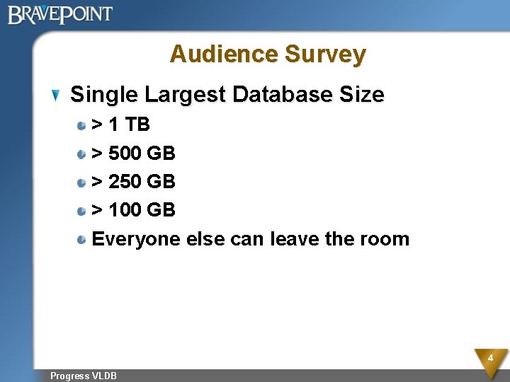 Audience Survey Single Largest Database Size > 1 TB > 500 GB > 250