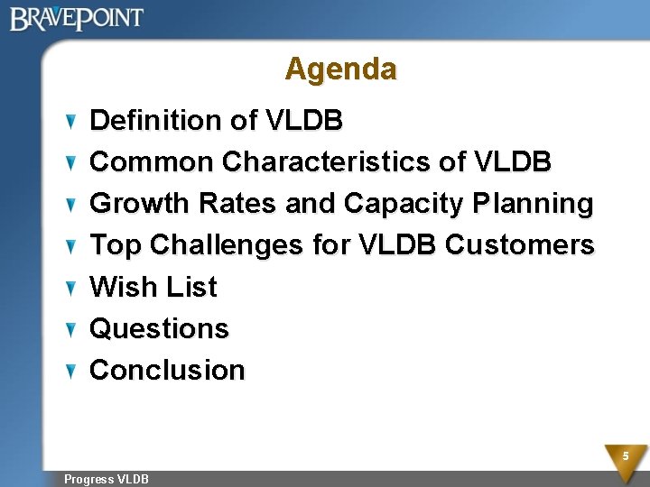 Agenda Definition of VLDB Common Characteristics of VLDB Growth Rates and Capacity Planning Top