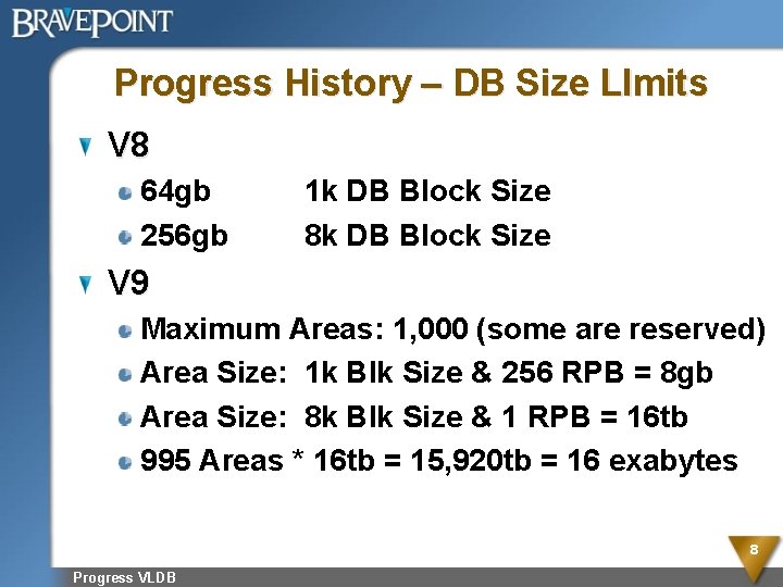 Progress History – DB Size LImits V 8 64 gb 256 gb 1 k