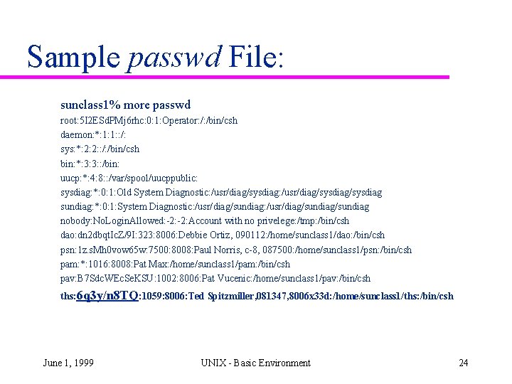 Sample passwd File: sunclass 1% more passwd root: 5 I 2 ESd. PMj 6 Sample passwd File: sunclass 1% more passwd root: 5 I 2 ESd. PMj 6