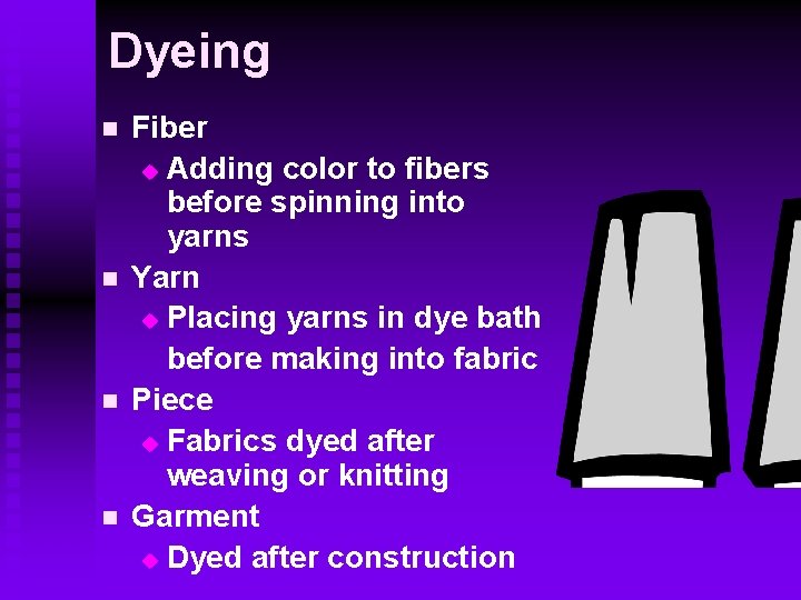 Dyeing n n Fiber u Adding color to fibers before spinning into yarns Yarn