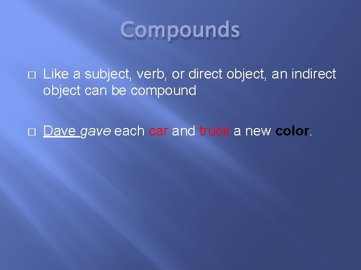 Compounds � Like a subject, verb, or direct object, an indirect object can be