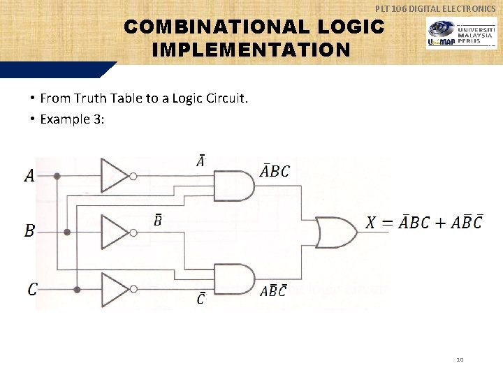 PLT 106 DIGITAL ELECTRONICS COMBINATIONAL LOGIC IMPLEMENTATION • From Truth Table to a Logic