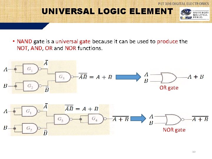 PLT 106 DIGITAL ELECTRONICS UNIVERSAL LOGIC ELEMENT • NAND gate is a universal gate
