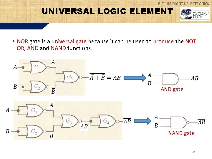 PLT 106 DIGITAL ELECTRONICS UNIVERSAL LOGIC ELEMENT • NOR gate is a universal gate