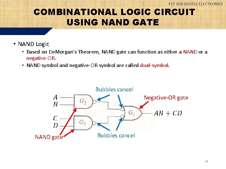 PLT 106 DIGITAL ELECTRONICS COMBINATIONAL LOGIC CIRCUIT USING NAND GATE • NAND Logic •