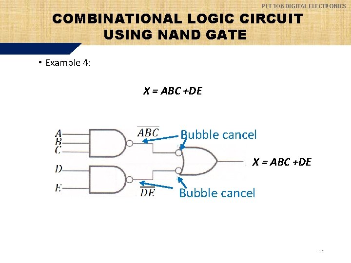 PLT 106 DIGITAL ELECTRONICS COMBINATIONAL LOGIC CIRCUIT USING NAND GATE • Example 4: X