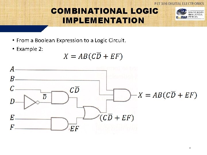 PLT 106 DIGITAL ELECTRONICS COMBINATIONAL LOGIC IMPLEMENTATION • From a Boolean Expression to a