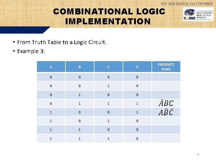 PLT 106 DIGITAL ELECTRONICS COMBINATIONAL LOGIC IMPLEMENTATION • From Truth Table to a Logic