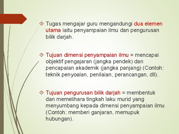  Tugas mengajar guru mengandungi dua elemen utama iaitu penyampaian ilmu dan pengurusan bilik