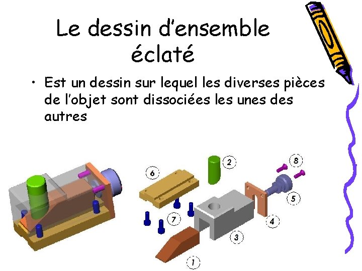 Le dessin d’ensemble éclaté • Est un dessin sur lequel les diverses pièces de