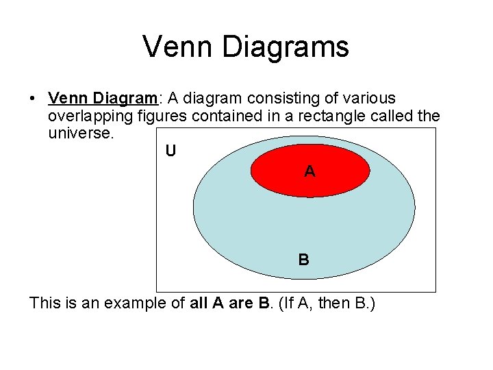 Venn Diagrams • Venn Diagram: A diagram consisting of various overlapping figures contained in