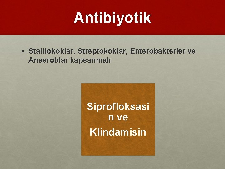 Antibiyotik • Stafilokoklar, Streptokoklar, Enterobakterler ve Anaeroblar kapsanmalı Siprofloksasi n ve Klindamisin 