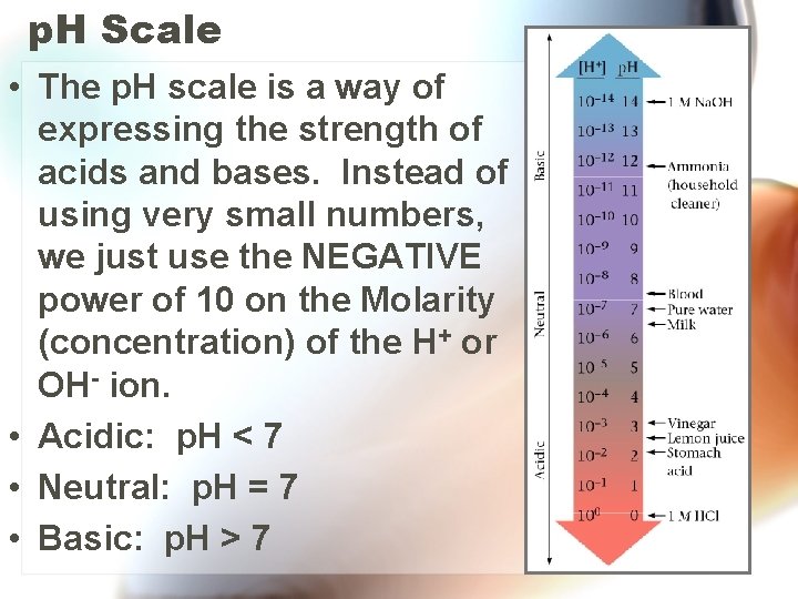 p. H Scale • The p. H scale is a way of expressing the