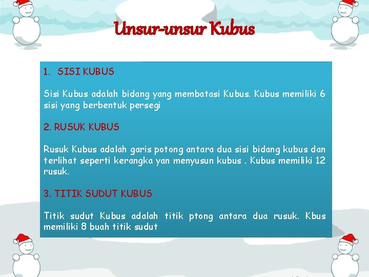 Unsur-unsur Kubus 1. SISI KUBUS Sisi Kubus adalah bidang yang membatasi Kubus memiliki 6