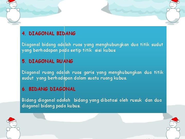 4. DIAGONAL BIDANG Diagonal bidang adalah ruas yang menghubungkan dua titik sudut yang berhadapan