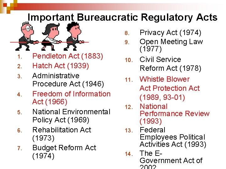 Important Bureaucratic Regulatory Acts 8. 9. 1. 2. 3. 4. 5. 6. 7. Pendleton