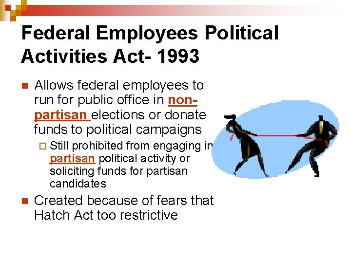 Federal Employees Political Activities Act- 1993 n Allows federal employees to run for public