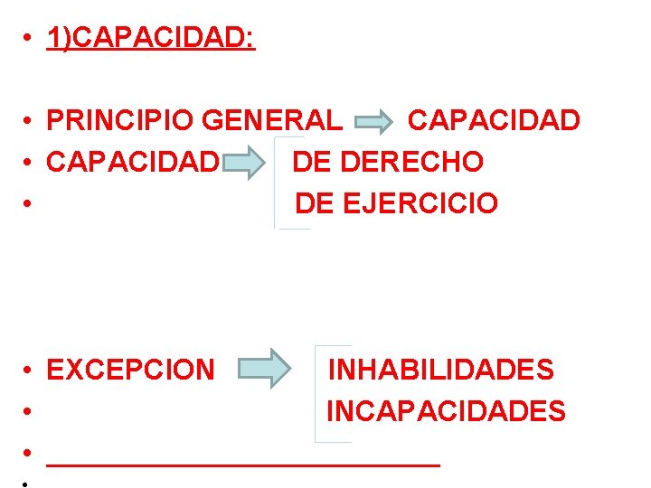  • 1)CAPACIDAD: • PRINCIPIO GENERAL CAPACIDAD • CAPACIDAD DE DERECHO • DE EJERCICIO