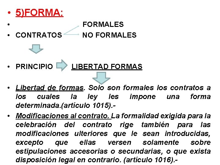  • 5)FORMA: • • CONTRATOS • PRINCIPIO FORMALES NO FORMALES LIBERTAD FORMAS •