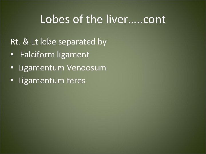 Lobes of the liver…. . cont Rt. & Lt lobe separated by • Falciform