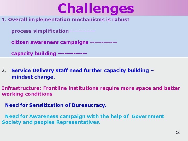 Challenges 1. Overall implementation mechanisms is robust process simplification -----citizen awareness campaigns ------capacity building