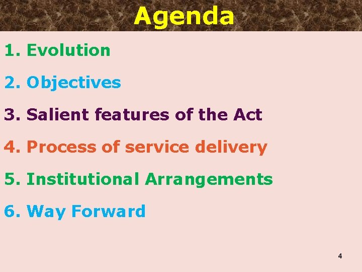 Agenda 1. Evolution 2. Objectives 3. Salient features of the Act 4. Process of