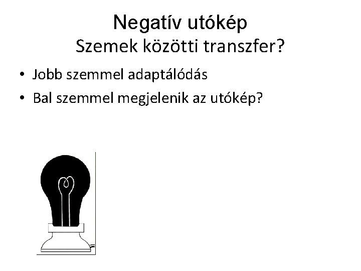 Negatív utókép Szemek közötti transzfer? • Jobb szemmel adaptálódás • Bal szemmel megjelenik az