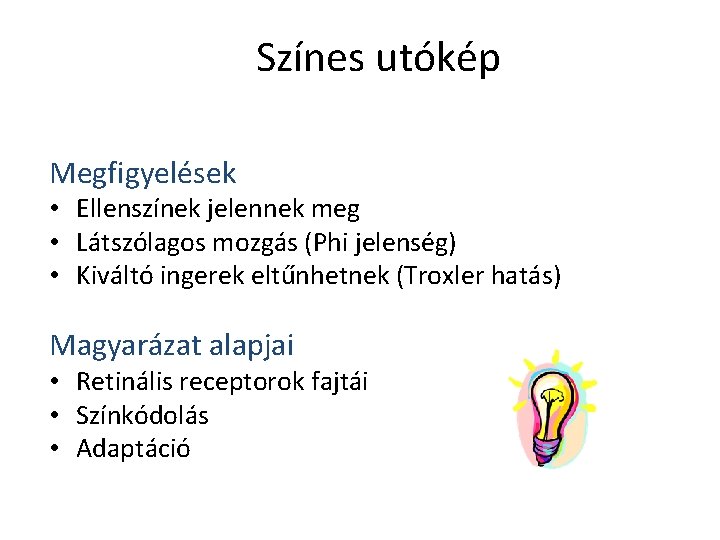 Színes utókép Megfigyelések • Ellenszínek jelennek meg • Látszólagos mozgás (Phi jelenség) • Kiváltó