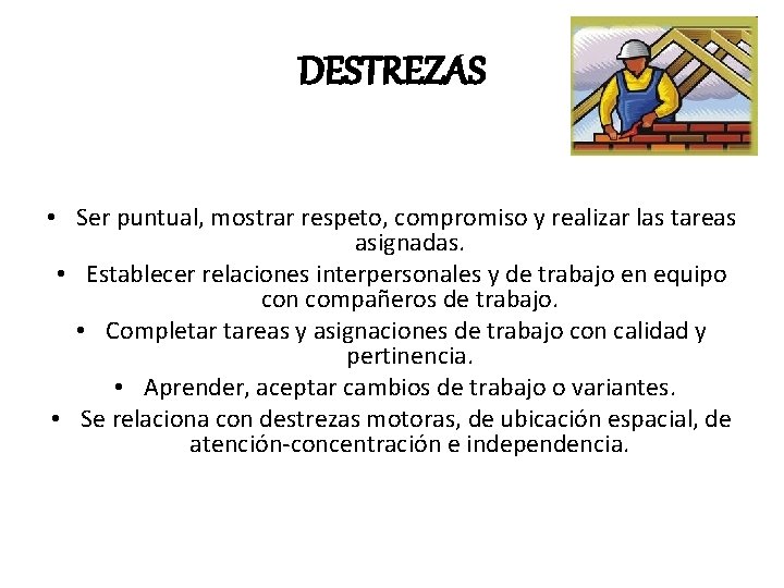 DESTREZAS • Ser puntual, mostrar respeto, compromiso y realizar las tareas asignadas. • Establecer