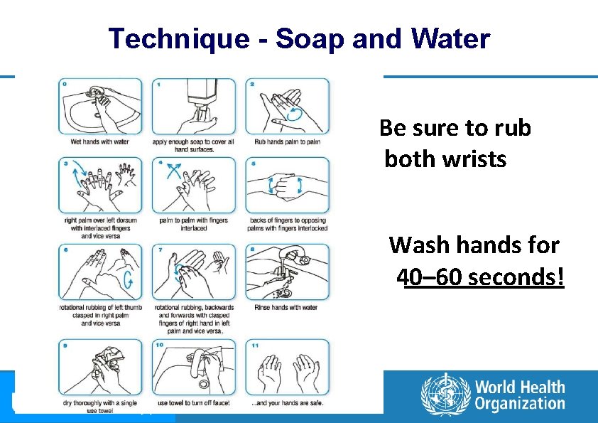 Technique - Soap and Water Be sure to rub both wrists Wash hands for